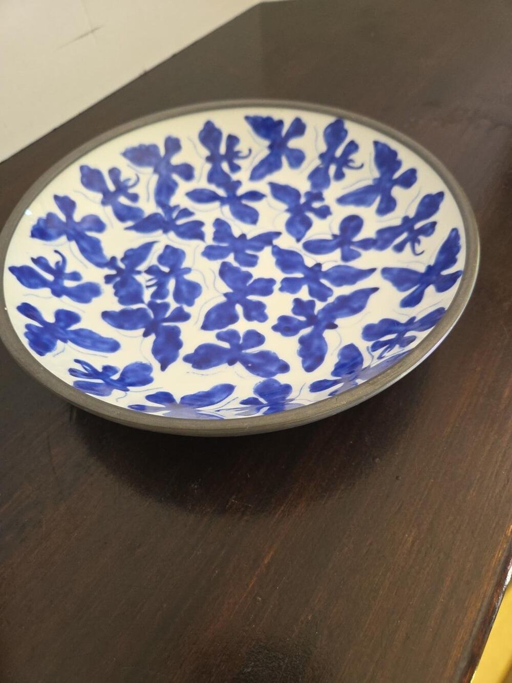 Vintage Japan Porcelain Pewter Bowl Blue White Floral Butterfly 8" Decorative